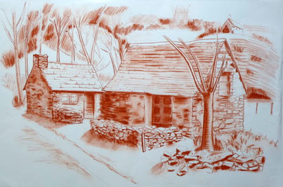 dessin paysage à la sanguine.
